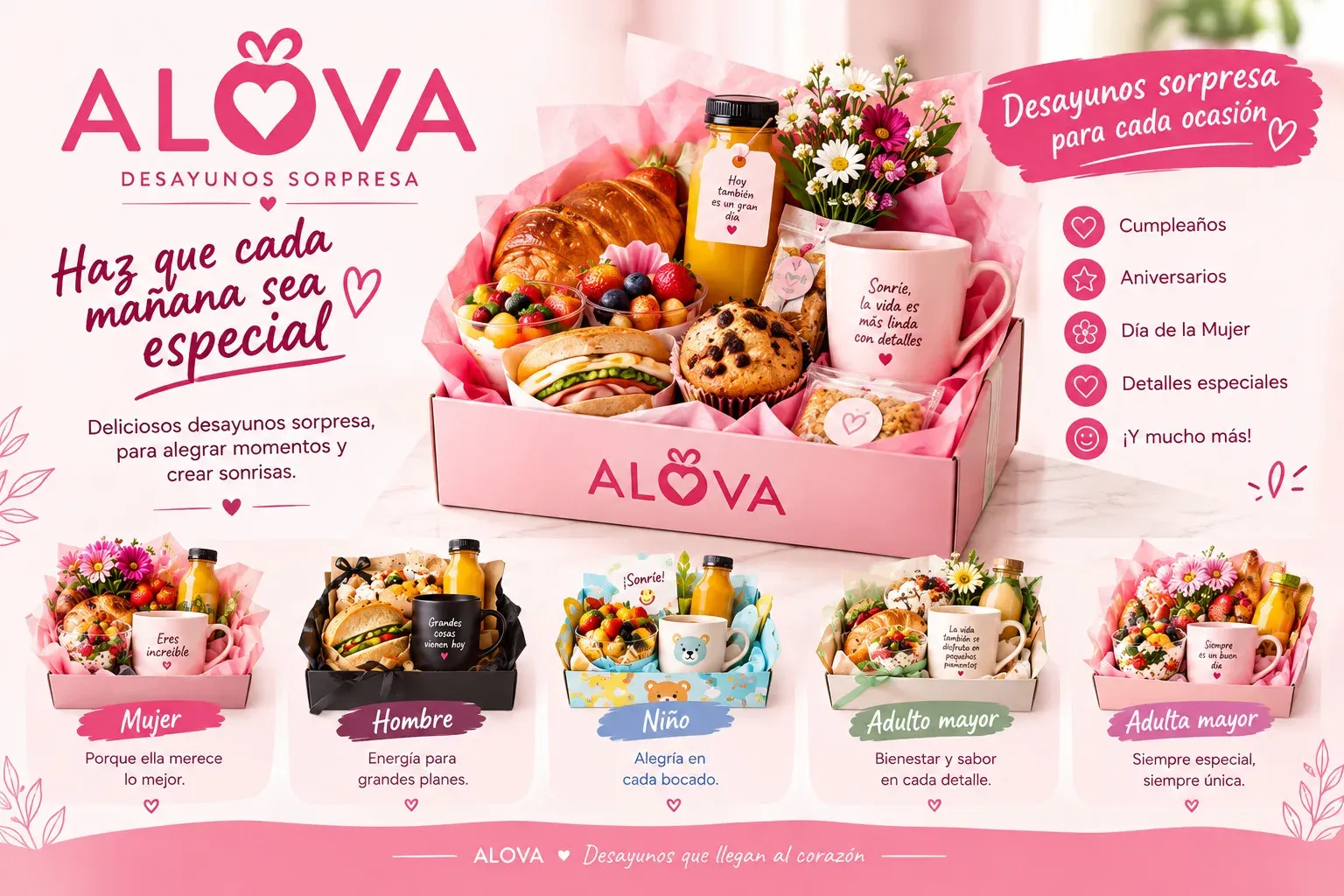 Desayunos sorpresa con varias modalidades: niño, hombre, mujer y adulto mayor