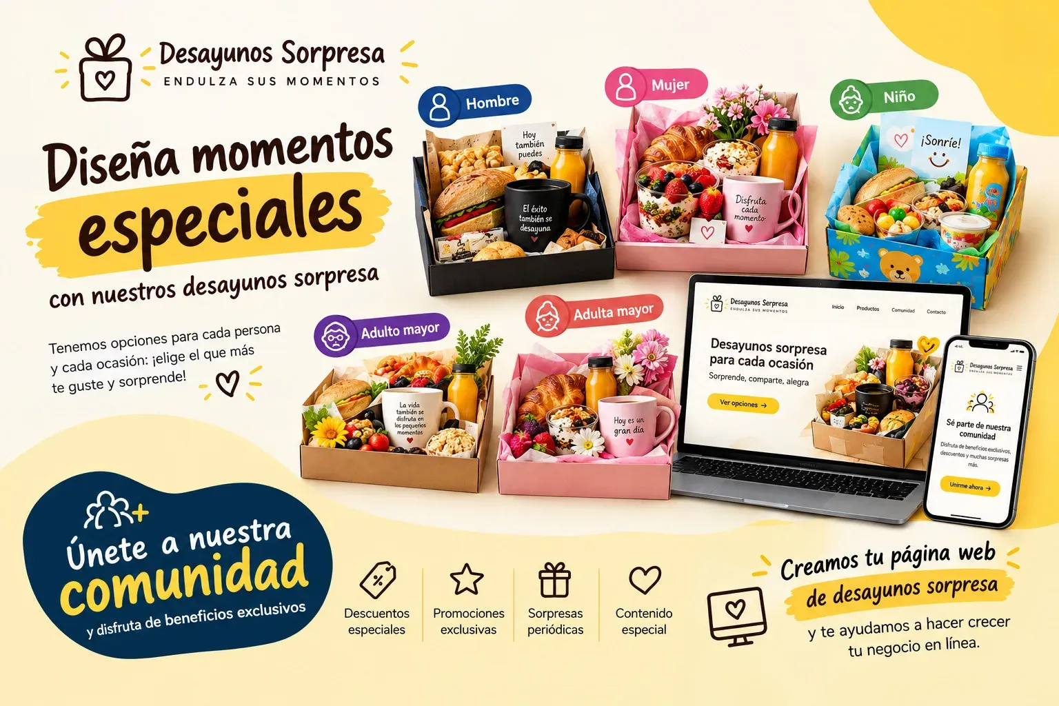 Anuncio de Desayunos Sorpresa con cajas de desayuno para hombre, mujer, niño y adultos mayores, y la página web vista en un portátil y un celular.