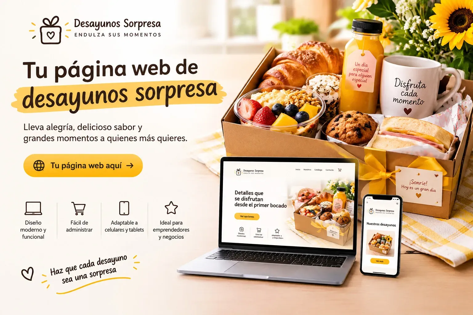 Anuncio de Desayunos Sorpresa con cajas de desayuno, y la página web vista en un portátil y un celular.